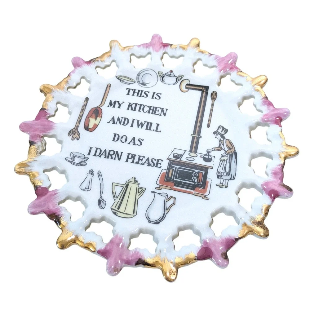Vintage Kitchen Wall Plate Funny Mom Japan Reticulated Gold MCM Kitsch Hanging